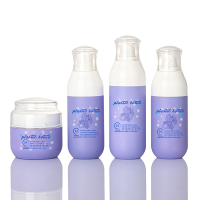 Lege aangepaste paars haarverzorging spray plastic cosmetische verpakking fles en potten sets