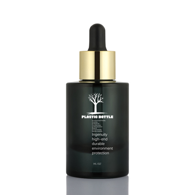 Aangepaste cosmetische serumfles Black Gold Frosted Flat Shoulder Dropper Bottle